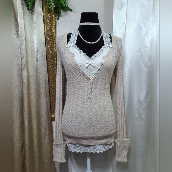 Rare ♡ Y2K ♡ Abercrombie Cableknit Rabbit Hair Babydoll Henley Sweater,New Products : American Fashion Style Bags On Sale